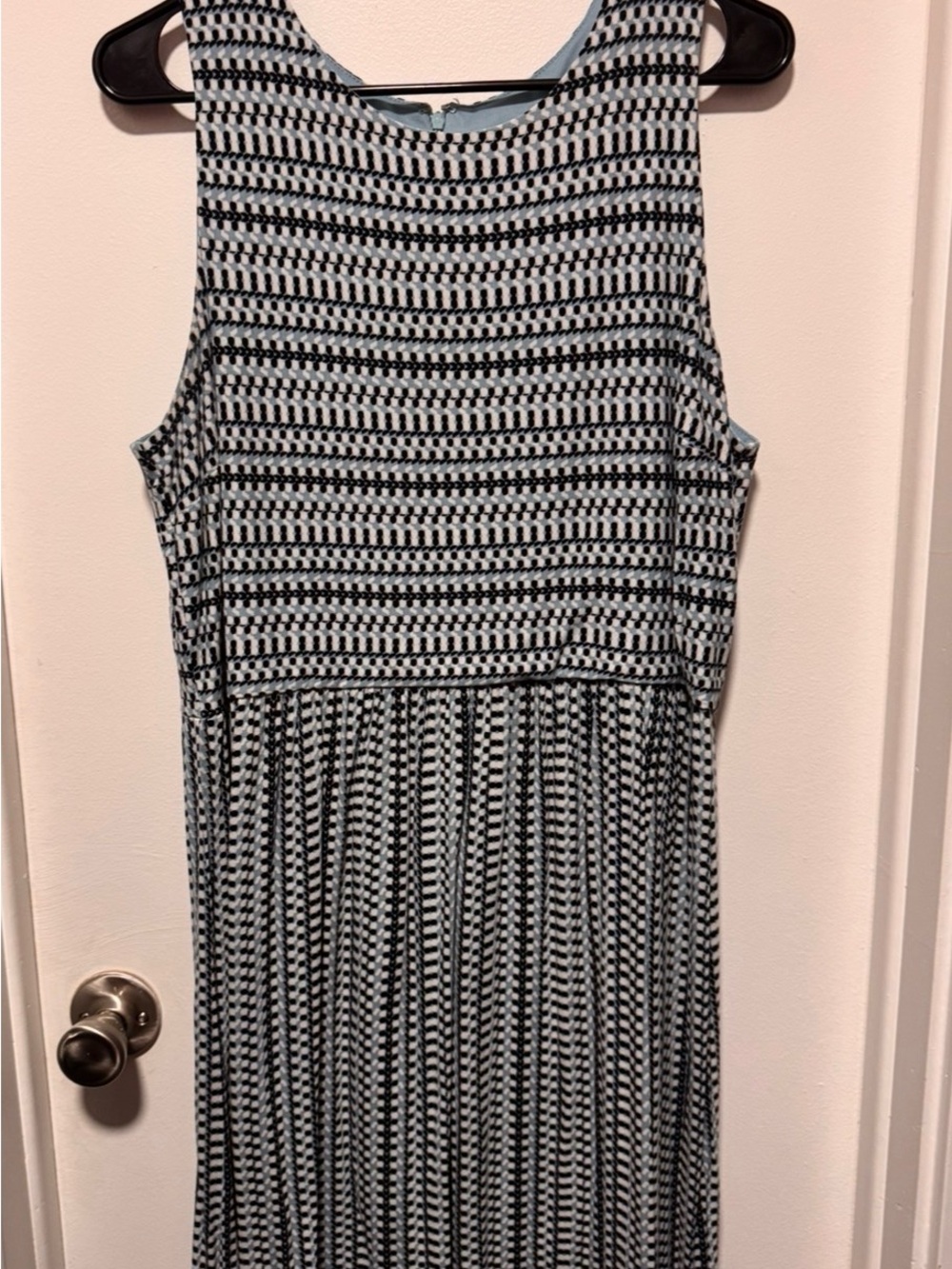 LOFT Sleeveless Midi Dress in Black and Light Blue Geometric Print